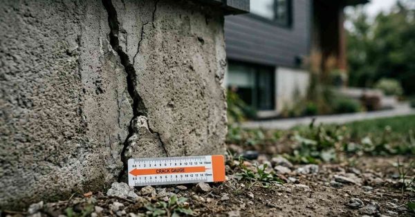 Crack gauge measuring a large foundation wall crack.