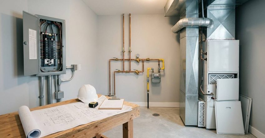 Residential utility room with HVAC system, electrical panel, and plumbing inspection documents
