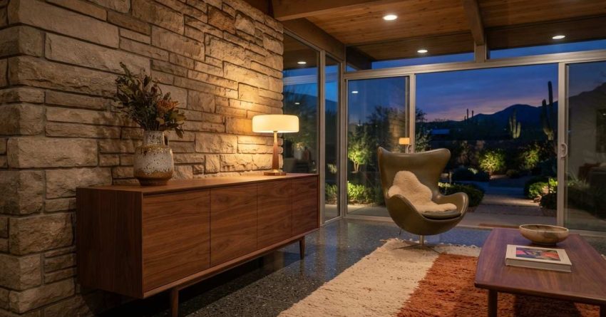 Mid-century modern living room with a stone accent wall, walnut furniture, floor-to-ceiling glass doors, and warm ambient lighting overlooking a landscaped desert garden at dusk.