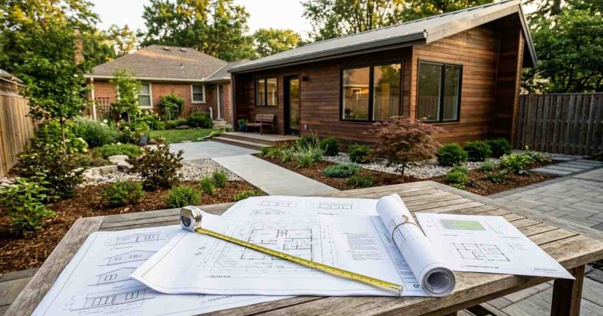 ADU construction plans and measuring tape on a table overlooking a completed backyard accessory dwelling unit with landscaped grounds.
