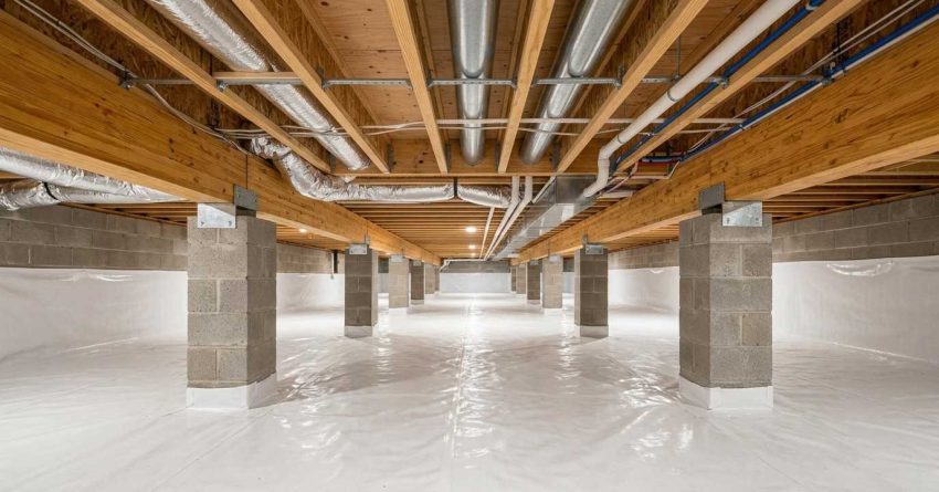 Clean residential crawlspace with vapor barrier, foundation piers, and exposed HVAC, plumbing, and structural systems