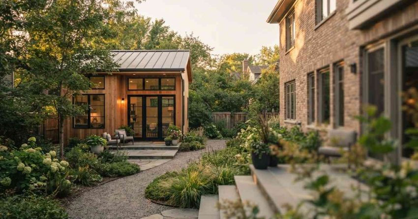 Modern backyard ADU with wood siding and black-framed windows behind the main home, connected by a landscaped garden path with lush greenery and outdoor seating.