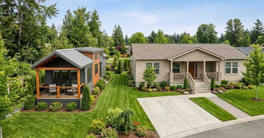 Park model home beside a larger manufactured home in a landscaped residential community.