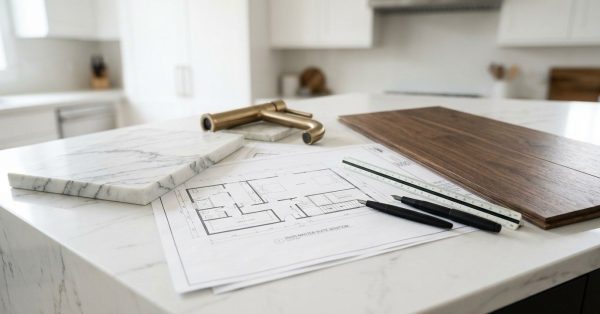 Architectural floor plans, marble and wood samples, faucet fixtures, and design tools arranged on a modern kitchen island for renovation planning.