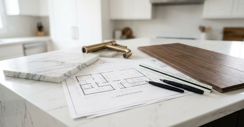 Architectural floor plans, marble and wood samples, faucet fixtures, and design tools arranged on a modern kitchen island for renovation planning.