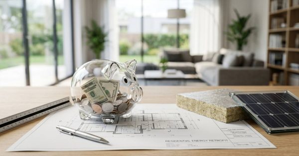 Piggy bank, insulation, and solar panel on home energy retrofit plans.