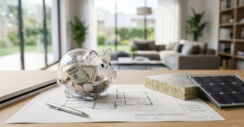 Piggy bank, insulation, and solar panel on home energy retrofit plans.
