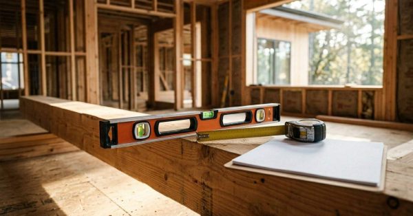 Spirit level and measuring tape on a wooden beam inside a house under construction, with exposed framing in the background.
