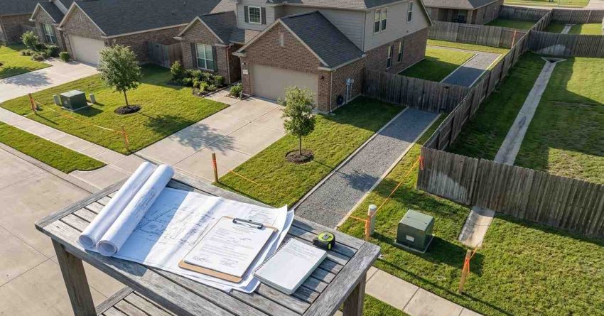 Property survey documents and boundary markers in a residential neighborhood