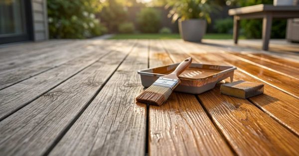 Paintbrush, stain tray, and sanding sponge on a wooden deck during refinishing, highlighting deck staining, restoration, and outdoor wood maintenance.