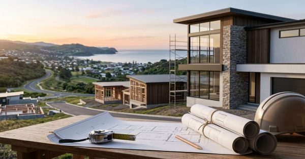 Architectural plans, rolled blueprints, a tape measure, and a hard hat rest on a wooden table overlooking a coastal hillside development at sunset. In the background, several modern homes are under construction, with large glass façades and ocean views stretching toward a bay and distant headlands.