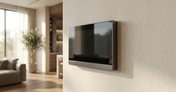 Modern living room featuring a sleek wall-mounted television with natural light streaming in through large windows.