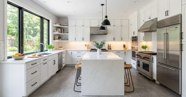 Bright, luxury white kitchen featuring shaker-style cabinetry, a large quartz waterfall island, stainless steel professional-grade appliances, pendant lighting, subway tile backsplash, and expansive black-framed windows overlooking a landscaped backyard. The modern open-concept design emphasizes natural light, clean lines, premium finishes, and functional family living.