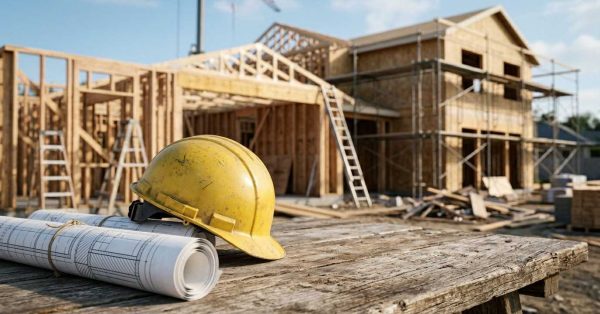 Hard hat and blueprints at a residential construction site.