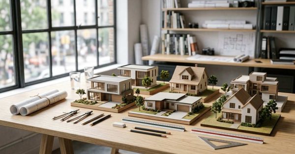 Architectural house models on a design studio workspace.