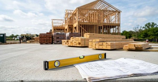 Level and blueprints at a residential construction site.