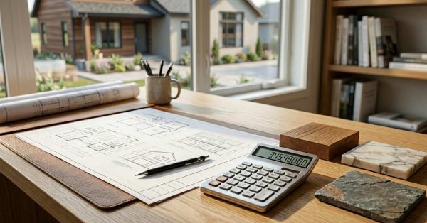 Calculator and house plans with building material samples.
