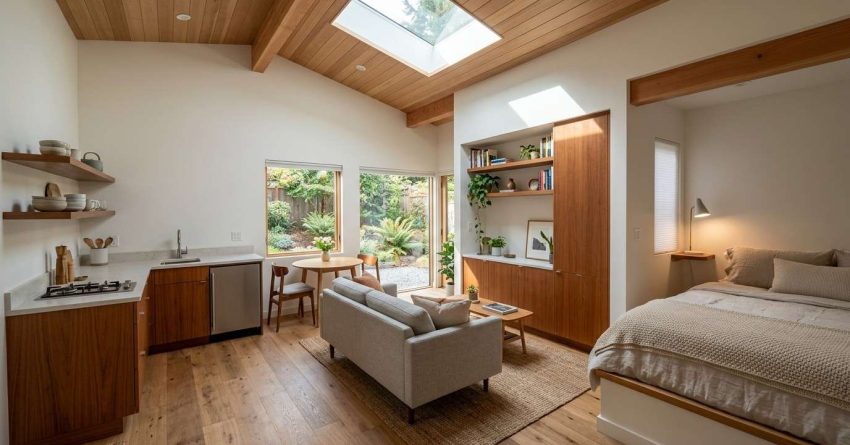 Modern ADU interior featuring a compact kitchen, living area, bedroom nook, wood ceilings, and large garden-facing windows.