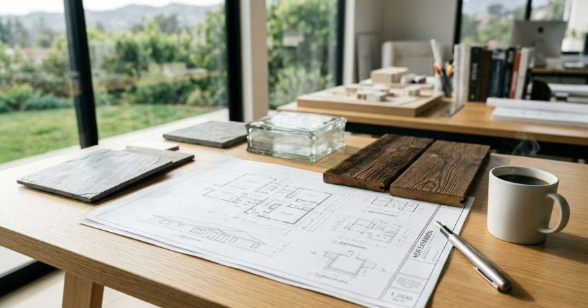 Home addition blueprints with wood, stone, and glass material samples, a coffee mug, and a pen on a designer's workspace for expansion planning.