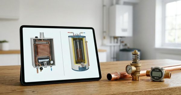 Comparison of tankless and traditional tank water heater systems displayed on a tablet, with plumbing components and copper piping on a workbench.