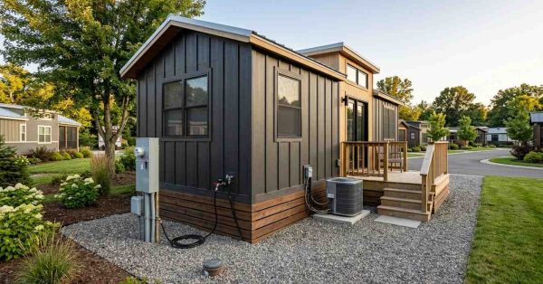 Park model home on a landscaped lot with utility hookups, porch, and gravel foundation area.