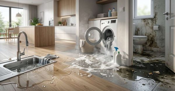 Water damage flooding a home from a leaking sink and overflowing washer, with mold visible in the adjacent bathroom.
