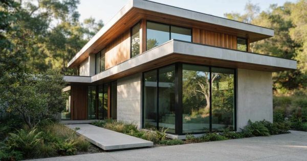 Modern two-story home with concrete walls, warm wood cladding, expansive floor-to-ceiling windows, flat rooflines, and minimalist landscaping.