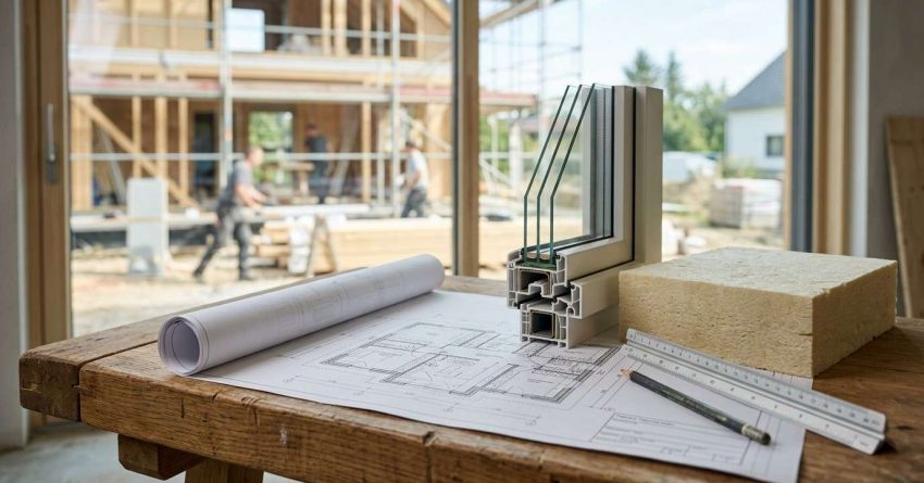 High-performance window and insulation materials displayed on residential building plans.