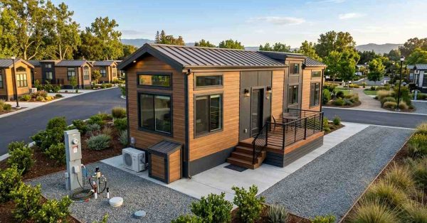 Park model home in an RV resort with utility hookups, private lot, and landscaped surroundings.