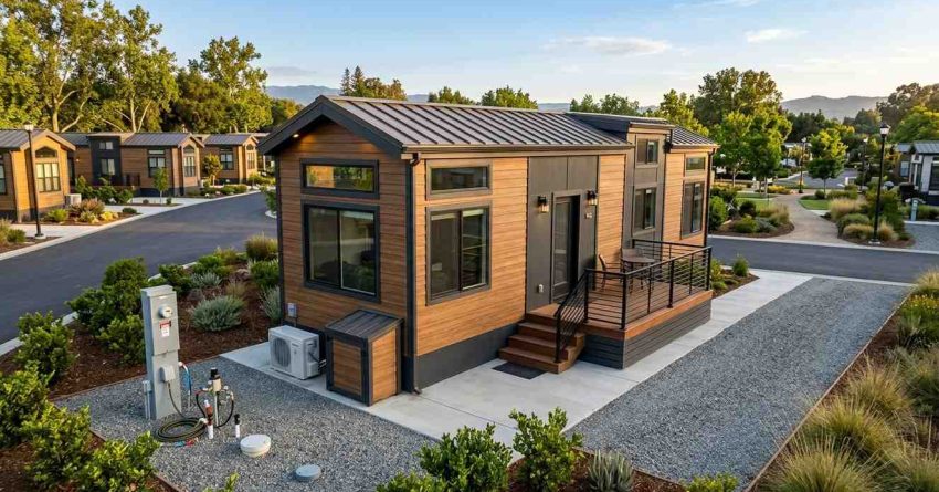 Park model home in an RV resort with utility hookups, private lot, and landscaped surroundings.