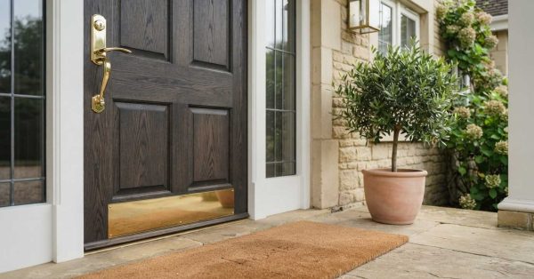 Dark wood front door with polished brass hardware, a welcome mat, potted olive tree, stone exterior, and landscaped entryway creating a warm, inviting entrance.