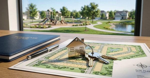 House-shaped keychain and keys placed on a residential site plan, with a neighborhood park visible in the background, representing community planning and home site selection.