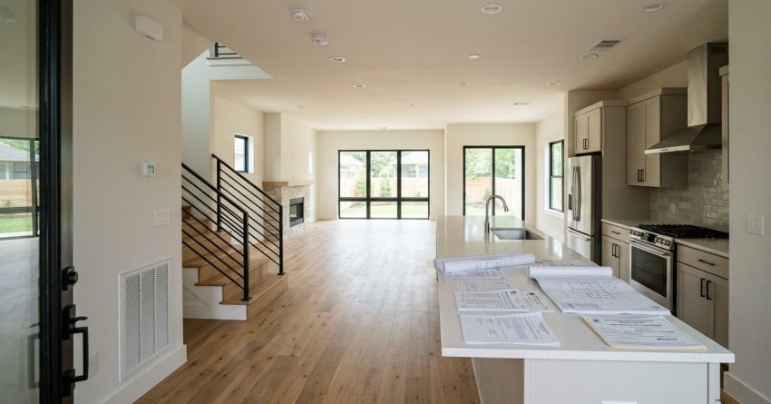 Newly completed modern home interior with kitchen island, blueprints, and permit documents.