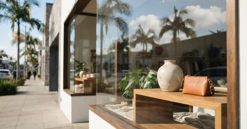 Modern boutique storefront with large display windows showcasing minimalist décor, ceramic vase, leather handbag, and a palm-lined shopping street in the background.