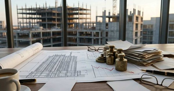 Construction blueprints, paperwork, and cost-analysis tools on a desk overlooking a building site under development.