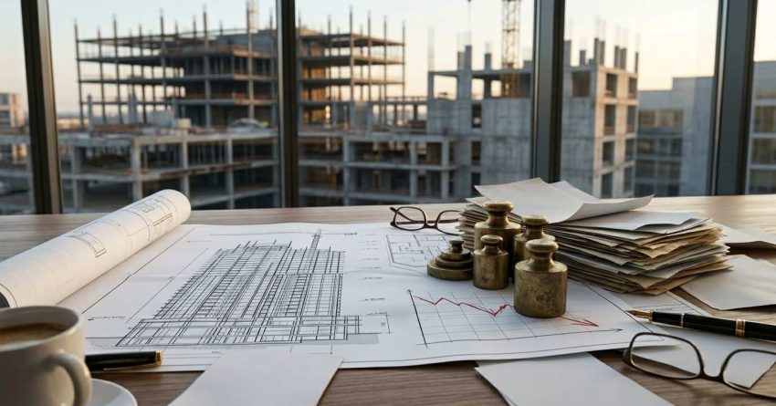 Construction blueprints, paperwork, and cost-analysis tools on a desk overlooking a building site under development.