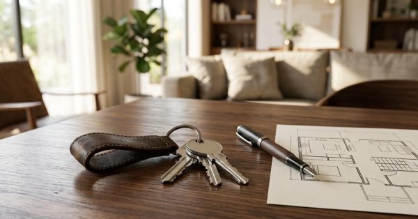 House keys, a pen, and a floor plan on a wooden table in a modern living room, symbolizing home ownership, planning, and renovation decisions.