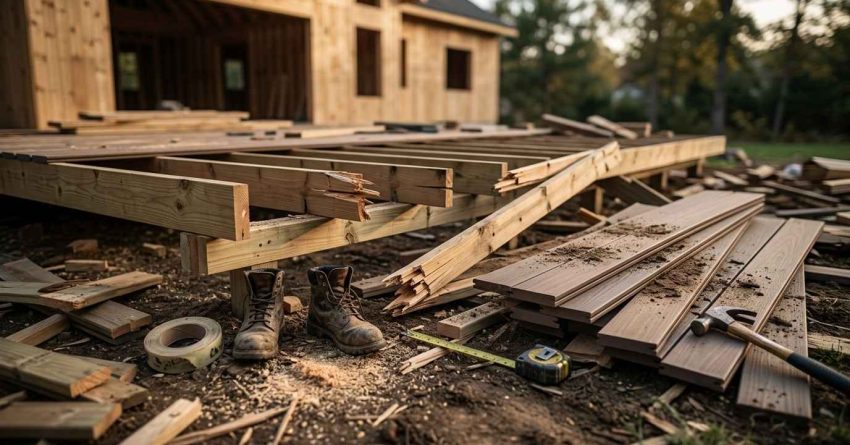 Partially built residential deck with exposed framing, decking boards, construction tools, and work boots, illustrating deck construction and outdoor renovation in progress.