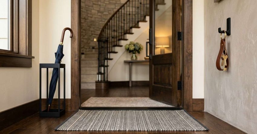Stylish entryway with a wooden floor, open door, and stone staircase. Features a black umbrella in a stand, textured rug, and keys on the wall. Cozy and inviting.