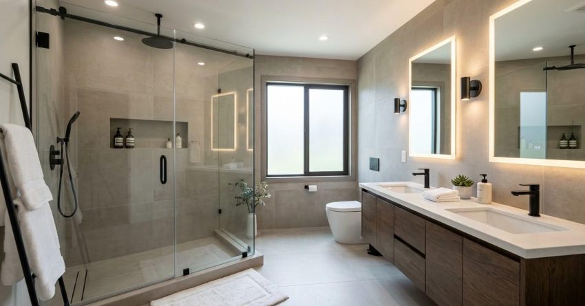 Modern luxury bathroom with a glass walk-in shower, double vanity, illuminated mirrors, and contemporary finishes.