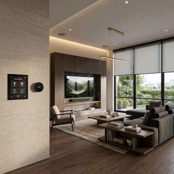 Modern smart home living room with automated controls