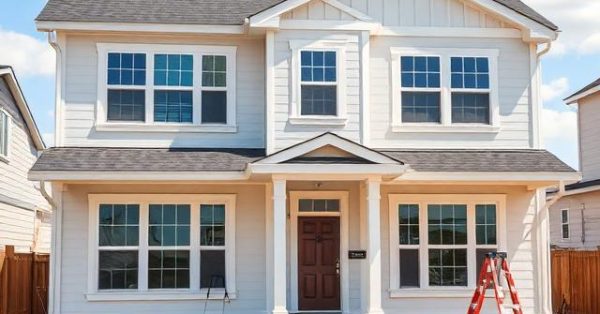 Recently completed suburban home during the punch list resolution phase, showing paint touch-ups, trim repairs, cabinet adjustments, caulking corrections, and other minor construction fixes before final homeowner handover.