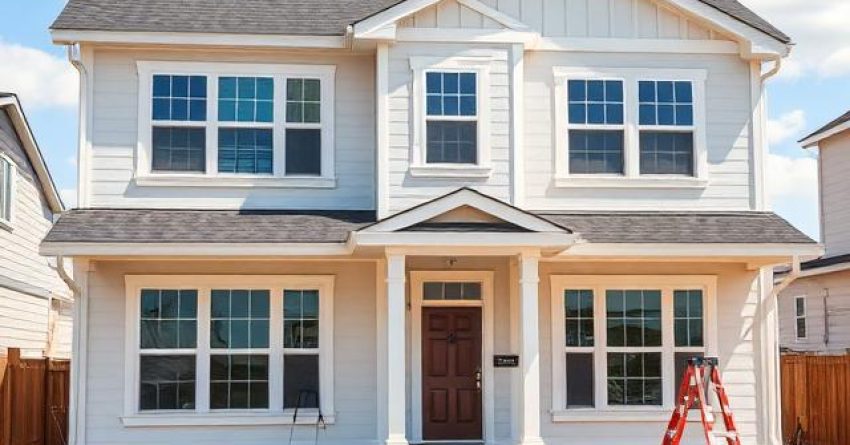 Recently completed suburban home during the punch list resolution phase, showing paint touch-ups, trim repairs, cabinet adjustments, caulking corrections, and other minor construction fixes before final homeowner handover.