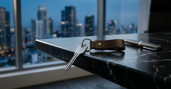 House keys with a leather keychain and a pen resting on a dark countertop in front of a city skyline, symbolizing homeownership, property purchase, or real estate closing.
