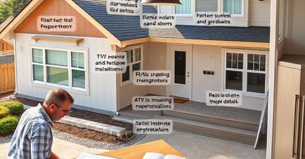 Completed suburban home undergoing a professional reinspection process with construction documents, permit paperwork, building plans, and detailed reviews of roofing, electrical, plumbing, HVAC, insulation, and safety features before occupancy approval.