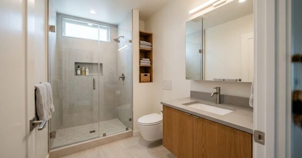 Compact ADU bathroom with a floating vanity, compact toilet, frameless glass shower, recessed storage, large mirror, durable tile, and space-efficient design.