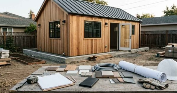 Detached ADU construction project with architectural plans, material samples, construction documents, and building materials representing the major costs involved in an ADU budget.