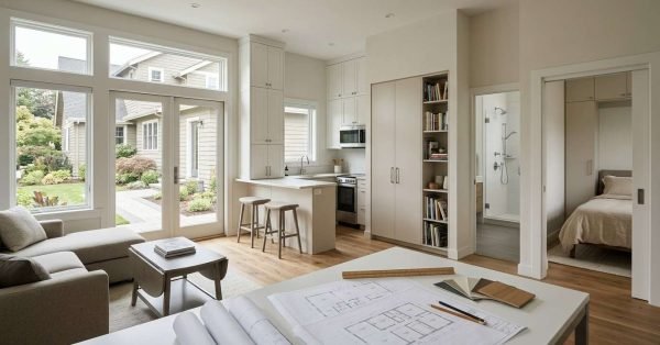 Efficient detached ADU interior with open living space, kitchenette, bedroom, bathroom, built-in storage, and blank floor plans illustrating practical ADU design and layout principles.