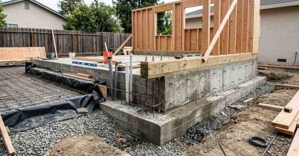Real detached ADU under construction showing reinforced concrete foundation footings, stem walls, slab edge, rebar, drainage, and utility penetrations.