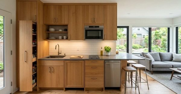 Compact ADU kitchen with space-efficient cabinetry, integrated appliances, stone countertops, smart storage, and an open connection to the living area.